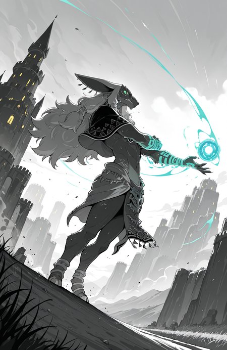 totk_rauru,
solo,
wide shot, from side, dynamic angle,
standing, separated legs, feet out of frame, outstretched arm, hand on arm, glowing arm, charing energy ball on hand, open hand, powering up, fighting stance, sweat, constricted pupils, angry, v-shaped eyebrows, wind, dust cloud, dutch angle,
capelet, loincloth, spot color,
battle agains monster,
<lora:[Char - IL] Zelda - Rauru (R1E20):1> 
BREAK
giant monster, pig monster in backgroud, monster background, monster silhouette, kaiju silhouette,
dramatic lighting, dirt road, crossroad, hill, grass, valley, castle, fantasy,
masterpiece, best quality, amazing quality, very aesthetic, absurdres, newest,