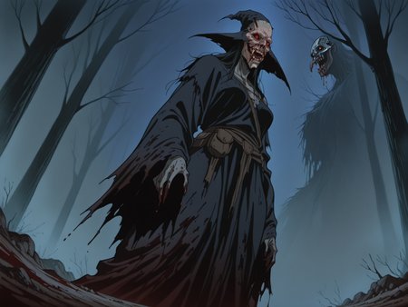huge old ugly female witch in the dark dead forest, witch, smiling, blood, dirt, fog, night, old torn clothes, iron mask, horror theme, monster, solo, from below, side view,
, animation artstyle, <lora:ScrollDIL:0.8>, masterpiece, best quality, amazing quality, flat colors