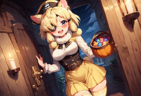 1girl, ((solo)), best quality, ultra-detailed, extremely detailed, perfect anatomy, masterpiece, score_9, score_8_up, score_7_up, Expressiveh, alpaca suri (kemono friends), alpaca ears, hair over one eye, bangs, blonde hair, grey eyes, sidelocks, hair tubes, hair bun, tail, short hair, horizontal pupils, outdoors, neighborhood, trick-or-treating, pumpkins, candles, halloween, trick-or-treater, holding halloween basket, candy basket, front_door, open door, standing at the front door, viewer pov, pirate, light-yellow pirate hat, (pirate hat:1.1), light-yellow pirate outfit, light-yellow blouse, light-yellow skirt with trim, light-yellow thighhighs, thighhighs, striped thighhighs, striped gloves, thigh squish, fully clothed, pirate gloves, pirate boots, belt, accessories, white trimmed sleeves, white trim, curvy, medium breasts, blushing, looking at viewer, soft blush, open mouth smile, cute look, closeup, fur trim thighhighs, (dutch angle:1.1), depth-of-field, ears sticking out of hat, thobrine, shiny skin, yellow eyepatch, (eyepatch:1.1), pirate_eyepatch,