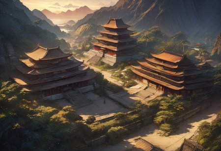 (((fullbody))),(graphic novel style, dark novel style, 2d:1.5),(anime),(masterpiece:1.4), (colourful, soft cinematic light:1.1), incredibly lifelike, Extremely high-resolution details, 8k, best quality, extremely detailed, contrast, 
(((top down view))),
 Buddhist temple, 
tropics, palm trees, island, mountains, day, sun light,