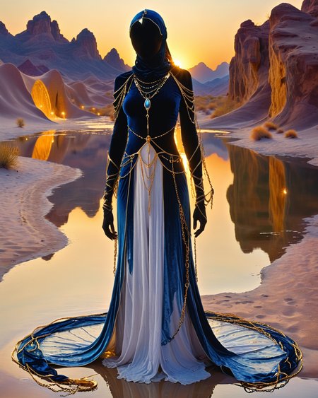 hooded human sorcerer standing at a desert oasis, velvet, chains, captive beautiful princess, water, reflections, partial nudity, golden hour, intense color, high contrast, <lora:add-detail-xl:1.0>,  <lora:xl_more_art-full_v1:0.4>,  <lora:XSfenlie:1> fenliexl, <lora:lora:1>, realistic photo