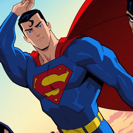 <lora:SUPERMAN_2004:1>
superman2004, looking at viewer, short hair, blue eyes, black hair, closed mouth, upper body, male focus, multiple boys, sky, solo focus, belt, 2boys, cape, arm up, muscular, mask, bodysuit, muscular male, 3boys, crossover, meme, blurry foreground, red cape, superhero, blue bodysuit, domino mask, cheekbones, black eyes, pectorals, serious, yellow belt
, motion blur, film grain, abstract, natural lighting, fantasy, cinematic, dynamic view, tilted angle, very awa, masterpiece, best quality, absurdres, newest, perfect quality, detailed background, intricate details, (artist:fl \(l-fl\):0.7), (artist:tooboshoo:0.7), (artist:dizdoodz:0.8)