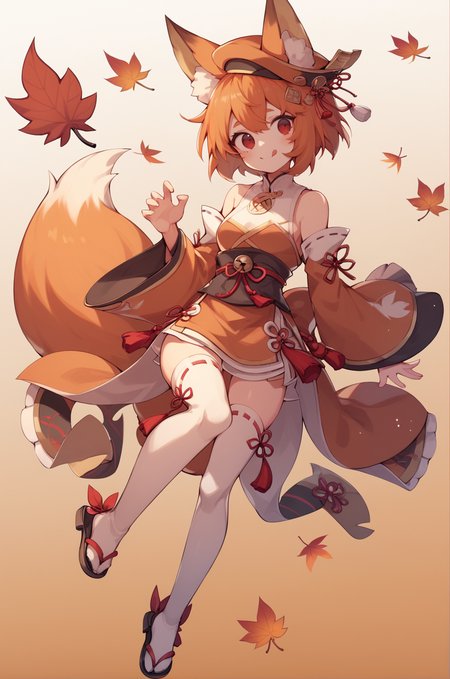 score_9, score_8_up, score_7_up, score_6_up, 1girl, acorn, autumn, autumn leaves, bare shoulders, orange hair, detached sleeves, falling leaves, fox, fox ears, fox tail, gradient, gradient background, hat, short hair, maple leaf, red eyes, sandals, solo, tail, thighhighs, smile, tongue out, thighhighs, <lora:Uekura_eku_Style-000009:0.8>, dynamic pose,