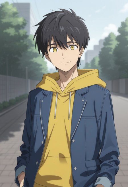 masterpiece,best quality,amazing quality, source_anime, 
KurouSakuragawa, 1boy, male focus, solo, yellow eyes, black hair, hoodie, yellow hoodie, hood, jacket, blue jacket, open jacket, smile, outdoor, looking at viewer, facing viewer,