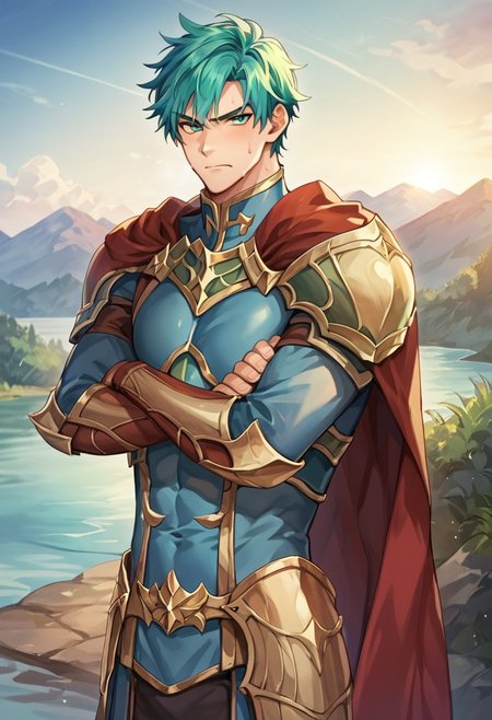 score_9, score_8_up, score_7_up, (best-quality: 1.5), male focus, high quality CG, facing foward, 3/4 body, ephraimFE, blue-green hair, blue-green eyes, sweat, 1boy, solo, arms crossed, scowl, male focus, anime, 2d, cel shading, sunset, golden hour, high quality cg, handsome, mature, perfect anatomy, perfect proportions, athletic build, masculine jaw, muscular, outside, river, standing on river bank, armor, cape, looking at viewer