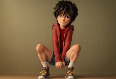 score_9, score_8_up, score_7_up, 8k, masterpiece, charturnerv2, 3d, sz4d3k, cell shaded, face focus, even skin tone, indirect lighting, detailed face, detailed eyes, detailed, male only, 1boy, solo, alone, Hiro Hamada, black hair, blue eyes, red shirt, hoodie, jean shorts, shoes,