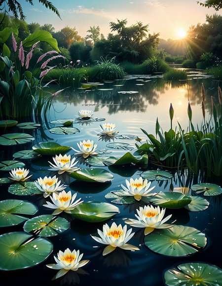 A highly detailed and realistic photograph of a serene lily pond surrounded by lush greenery. The calm water reflects the soft sunlight filtering through the overhanging trees. The surface is adorned with vibrant green lily pads, some with delicate pink and white water lilies in full bloom. A few dragonflies hover above the water, their wings catching the light. Gentle ripples create subtle distortions in the reflection of the sky and foliage. In the background, a dense array of reeds and aquatic plants frame the pond, adding depth and texture. The soft golden glow suggests late afternoon or early evening, enhancing the tranquil and picturesque atmosphere. The composition is balanced, drawing the viewerâs eye toward the natural beauty of the water lilies and their intricate details.
 <lora:SDXLFaeTastic2400:0.4> <lora:extremely_detailed:0.4> extremely detailed,<lora:lily_p0nd:1>,lily p0nd, Masterpiece,best quality,hi res,8k,hi res,8k,award winning,(sharp focus, intricate, highly detailed),