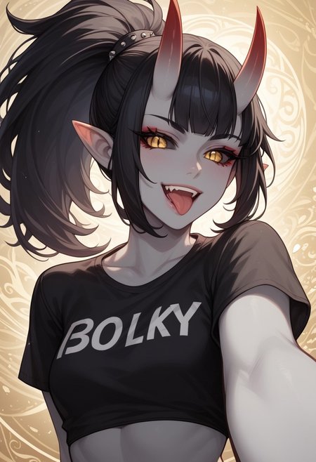 score_9, score_8_up, score_7_up, score_6_up, rating_questionable, 1girl, Polly, PollyRH, oni horns, pointy ears, colored sclera, third eye, black sclera, slit pupils, grey skin, long black hair, ponytail, gold eyes, HD32k, dynamic pose, aesthetic, perspective, solo, detailed, sensual look, pinup pose, abstract background, detailed background, black-red tint, sensual look, pinup pose, upper body, wearing cropped black t-shirt, denim shorts, goth attire, punk attire, smiling, open mouth, tongue out, pointy teeth