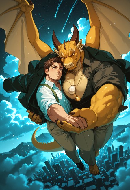 k0k0b001ll, 3ch1n, 0ld5h3p, 2boy, duo, male, male focus, bara, ((masculine)), OphionTas, Wings, ((Broken Tusk)), Dragon, dark yellow scales, yellow eyes, muscular, broad shoulders, thick thighs, huge pecs, barefoot, long tail, egg necklace, gem on chest, open black shirt, jacket, suspenders, long pants, beige pants, unbuttoned, bulge,
BREAK
Human, Housamo protagonist, mature, short brown hair, (stubble), muscular, large pecs, white button up shirt, long grey pants, black formal shoes, 
BREAK
floating, floating on clouds, floating above the ground, facing each other, foreheads touching, resting on each others heads, hand in hand, hugging, embracing, 
dark shadows, in the sky, ruined city, destroyed city, ruins, destruction, dust, dust particles, view from above,
contrast, close up view, dramatic angle, creative angle, ((front facing view)),
masterpiece, best quality, absurdres, very aesthetic
