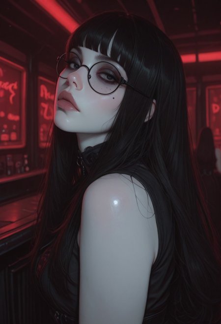 masterpiece, best quality, hd resolution, perfect face, artist:moriimee, solo, 1girl, solo, black hair, hair bangs, long hair, pale skin, mole under eye, lips, black eyes, black sleeveless dress,  glasses, nightclub, red lights, goth girl, looking at viewer