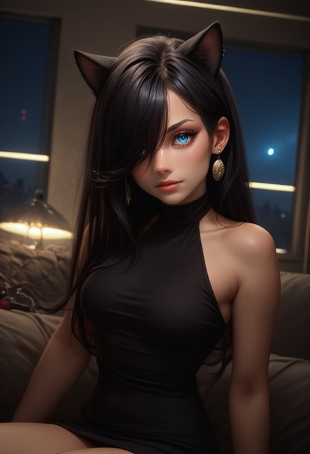 score_9, score_8_up, score_7_up, detailed, 1girl, solo, intricate details, chromatic aberration, realistic, long hair, black hair, cat ears, hair over one eye, blue eyes, earrings, sharp eyes, black halter top mini dress, night time, inside a crowded night club, neon lighting, dim lighting,  looking at viewer