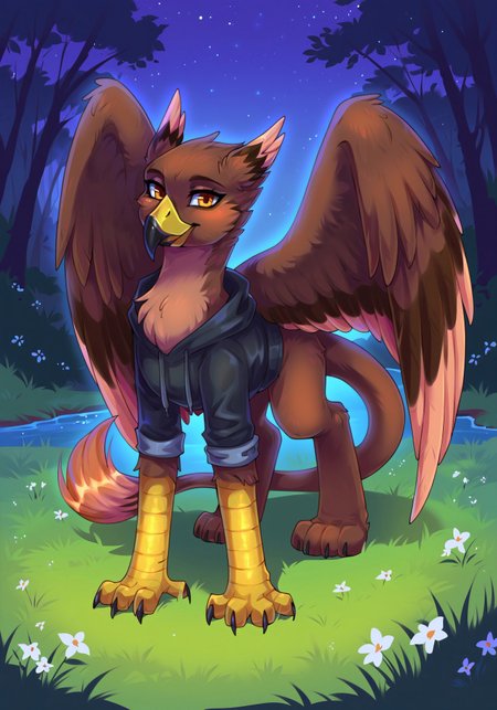 masterpiece, score_9_up, score_8_up, score_7_up, score_6_up, (best quality:1.1), ultra-detailed, high resolution, solo BREAK Anthon Kaufmann, female griffon, feral, avian, brown feathers, orange eyes, yellow beak, black beak tip, happy expression, smile, tail, hawk-like, wings BREAK (black sweatshirt:1.3) BREAK full body, dynamic pose, abstract background, grass, nature, forest, flowers, river nearby, (night:1.3), night sky, stars, night, highly visible, sharp focus, anatomically correct