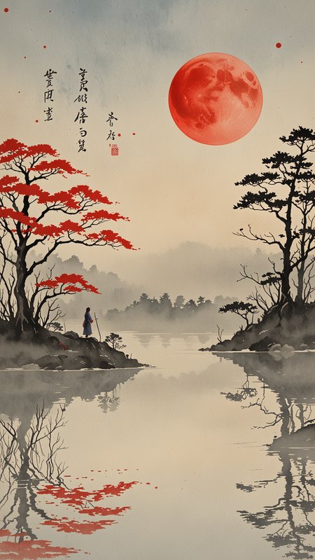Watercolour paint effect, on partchment, red moon, Lake, japanese writing, ripples, sky, trees, reflection, mist, woman, <lora:Paint_Effects_SDXL_-_By_DICE:1>, Watercolour Paint Effect