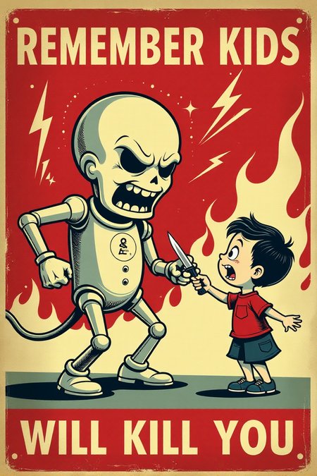 Generate an image in the style of a vintage 1950s public service announcement or propaganda poster. The image should be a warning sign with a dark humor theme. Depict a menacing, personified electricity bolt character holding a knife and pointed at a terrified cartoon child. Include the text "REMEMBER KIDS" and "ELECTRICITY WILL KILL YOU".  Use a bold, vintage font, a red, white, and black color scheme, lightning bolt symbols and a grainy texture. Keywords: vintage cartoon, propaganda poster, 1950s, public service announcement, warning, electricity, danger, funny, dark humor, retro  <lora:REMEs_War_Poster_Style:0.9> In REME's War Poster Style,âââ