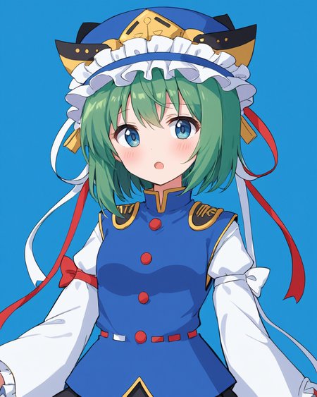 shiki eiki,1girl, solo, long_sleeves, blue_vest, simple_background, looking_at_viewer, upper_body, blue_background, open_mouth, epaulettes, blush, wide_sleeves, blue_headwear, :o, white_shirt, black_skirt, frilled_hat, bow, ribbon, buttons, v-shaped_eyebrows
<lora:shiki_eiki_image6175_2023-12-14-000007:1>,star-shaped_pupils,symbol-shaped_pupils,. gorgeous,key visual, vibrant, studio anime,award-winning, professional, highly detailed,high budget, cinemascope