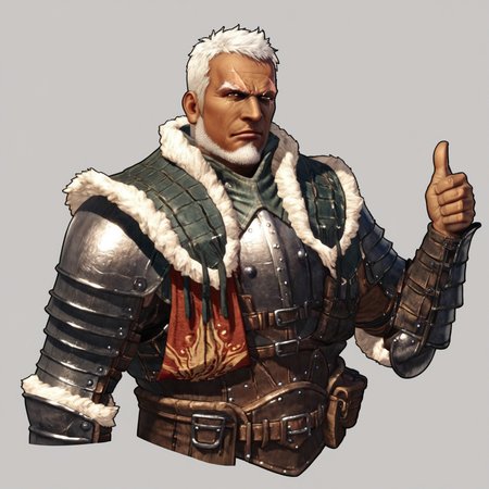 Zpdxl3, Score_7_up, score_8_up, solo male, upper body, detailed, 
BREAK,
 MHCommander, dark-skinned male, facial hair, scar on face, mature male, fur collar, armor, one hand raised, (thumbs up:1.35) simple background,