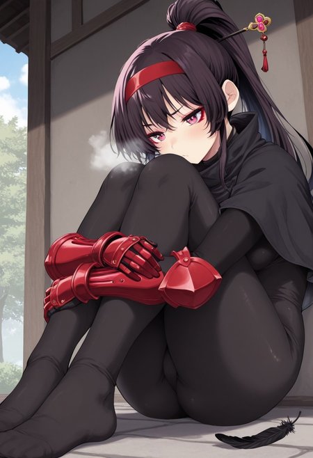 nusmusbim,  outdoors, undershirt, falling feathers, black bodysuit, hair stick, hugging own legs, , gauntlets,   eyeshadow,   red gloves,  high ponytail,  , black capelet, red hairband, pink eyes, 1girl, solo, feet, visible breath,   dynamic angle, foreshortening, smell, steam,