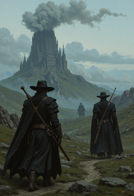 An eerie, fog-laden scene at the outskirts of the Barony of Gilead, where ghostly figures of fallen Gunslingers wander, bound to the land they once protected. The fog swirls around their spectral forms, their holstered guns rusted and silent.