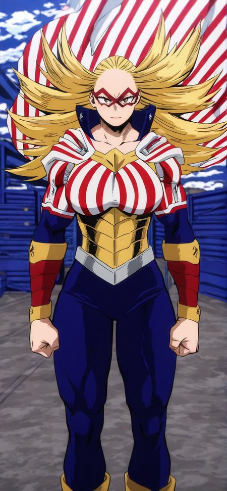 score_9, score_8_up, score_7_up, source_anime, hires image, masterpiece, best quality, BREAK, shiny skin, newest, 1girl, solo, masterpiece, best quality, 4k, blonde, long hair, brown eyes, large breasts, angry, superhero, cape, bodysuit, american flag, mask, muscular, standing, cargo warehouse, boku_no_hero_academia_style,  <lora:boku_no_hero_academia_style_ilxl:1> <lora:Cathleen_Bate_Star_and_Stripe_-_My_Hero_Academia_waiNSFW:1>