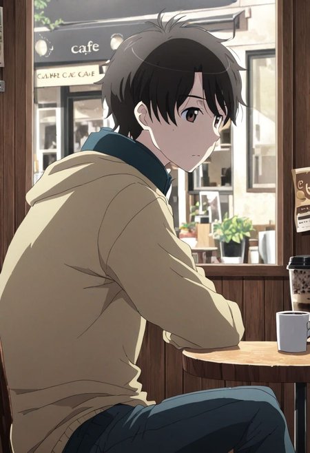 high resolution, solo, best quality, 1Boy, Inaho Kaizuka, Black Hair, Brown Eyes, cafe, corner, sit, casual, coffee, waiting, wide mirror, outside view, OverallDetail