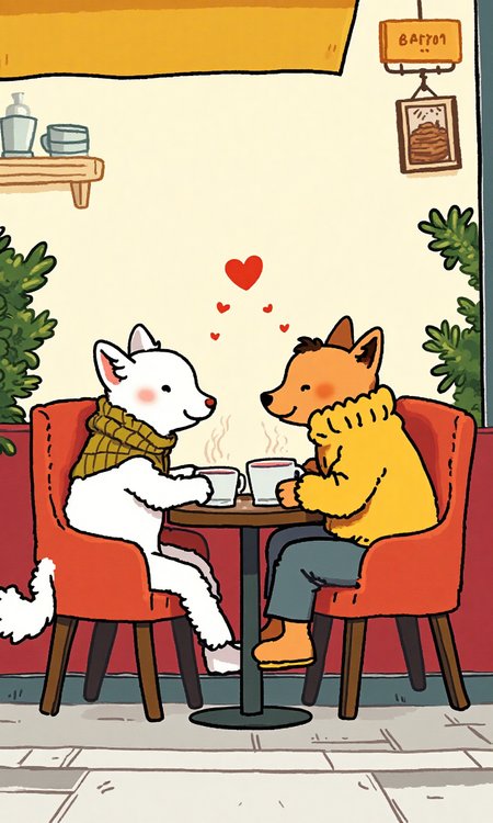 A cat and dog couple sitting in a cafe on a date <lora:flux-test\flux.1_lora_flyway_simple-illustration.safetensors:1.1:1.1>