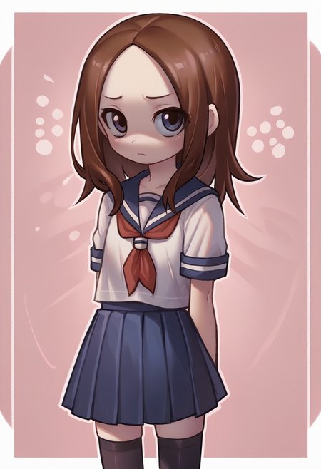 score_9, score_8_up, score_7_up, source_anime, masterpiece,<lora:PonyXL_V6_v1v404_v3:1> , fully rendered, outline, 
1girl, solo, <lora:Takagi_Pony:0.8>, Takagi-san, brown_eyes, brown_hair, long_hair, forehead, flat_chest
red_neckerchief, sailor_collar, white_shirt, blue_skirt, pleated_skirt, black_thighhighs,