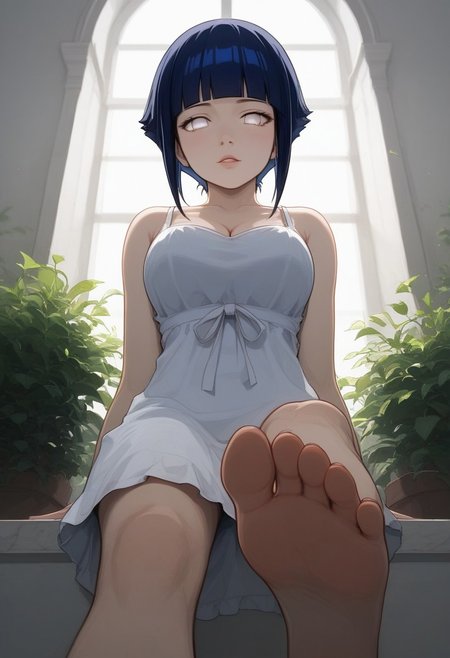 1girl, solo, short hair, hyuuga hinata, bangs, blunt bangs, dark blue hair, white eyes, no pupils
sundress, seductive look, athletic build, looking at viewer, sitting, face focus, cleavage, barefoot, foot focus, mood lighting, cinematic lighting, volumetric lighting, creative angle, garden, low angle view, view from below