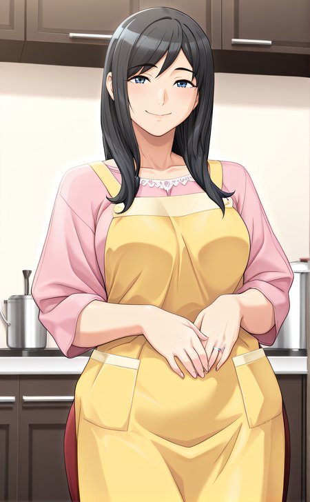 masterpiece, best quality, highres, newest, 1girl, solo, official style, <lora:IL_Nanami_Honda:1>, nanamihonda, mature woman, black hair, blue eyes, medium breasts, pink shirt, yellow apron, red skirt, wedding ring, looking at viewer, smile, indoor, cowboy shot