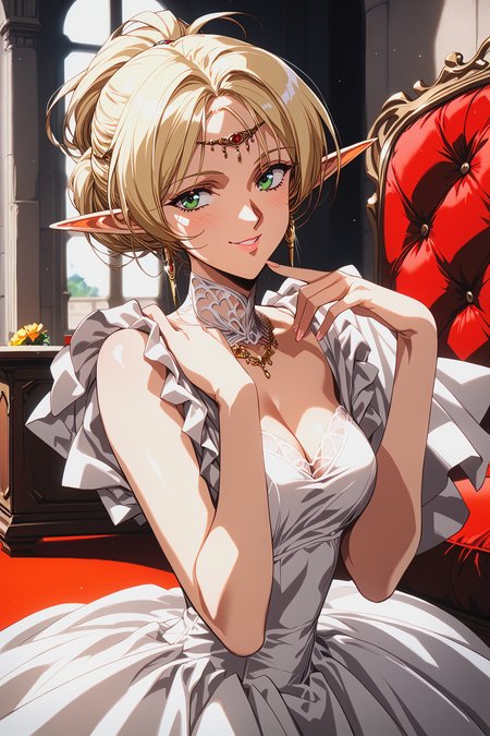 score_9, score_8,  score_7, score_6_up, score_5_up,
deedlit, circlet, white dress, ball gown, updo, bare arms, short hair, 
beautiful face, 24 years old,
smile, green eyes,
bangs,
record of lodoss war,
upper body, 
palace, indoor, red carpet, medieval style dress,
<lora:Degen_Deedlit_v1:0.55>,  <lora:TOO_NobuteruYuuki_v3B_PonyXL:0.55>,  <lora:PirotessXLpony001:0.3>,  <lora:Urushihara Satoshi_XL_PONY_V2:0.4>,  <lora:Sinozick_Style_XL_Pony:0.2>,  <lora:DefaultZ17:0.2>,  <lora:style1:0.2>,   <lora:pixivtext2:0.2>,