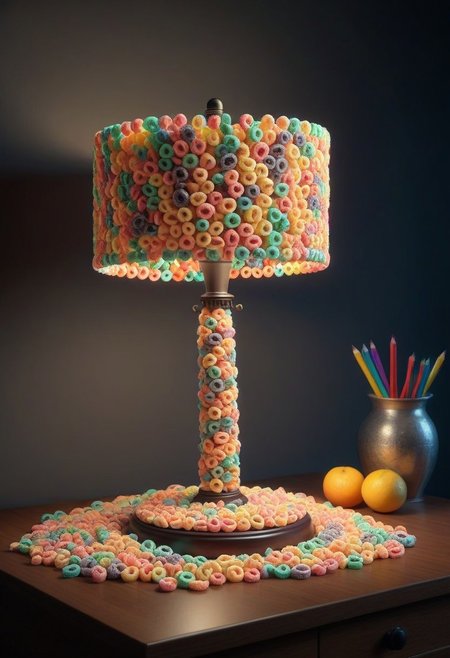 made of Fruit loops , epic picture of a desk lamp on a table, highly detailed, masterpiece, dramatic cinematic lighting, unforgettable, very intricate, high detail , photorealistic detail, ultra-realism , photorealistic,  ultra detailed ,octane render,    <lora:FruitLoopStyle_epoch_9:0.4>
