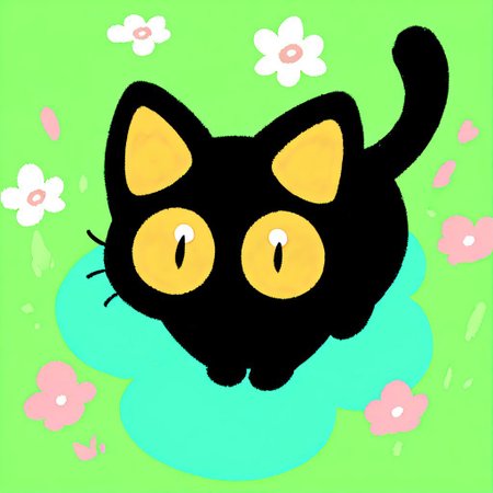 masterpiece, best quality, simple illustration, 1cat, full body, top view, huge eyes, looking to the top, in a flower garden vivid colors,  tail, no_outlines,no lineart, black cat