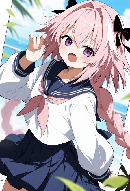 score_9, score_8_up, score_7_up, source_anime BREAK astolfo \(fate\), 1boy, male focus, serafuku, otoko no ko, solo, hair bow, black bow, hair intakes, open mouth, ribbon, blush, hand up, pink neckerchief, braid, pleated skirt, neckerchief, pink bow, hair between eyes, skin fang, pink hair, bow, long sleeves, purple eyes, cowboy shot, long hair, red sailor collar, single braid, smile, school uniform, sailor collar, fang, skirt, blue skirt, shirt, very long hair, :d, white shirt, black ribbon, looking at viewer
 <lora:Siro9_pony:1>