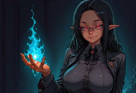 masterpiece, best quality, highres, absurdres, amazing quality, high resolution, 
Dark Skin, Glasses, hazel eyes, long black hair, long pointy ears, no bangs
long coat, vest, button down shirt, black frilly collar
charm_person_(magic), cham_aura, aura on hand , glowing eyes,
blue aura
glowing blue eyes