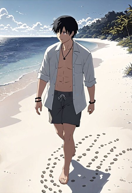 Highres, Masterpiece, High Quality, 4K, 8K, solo, 1Boy, Takaki Toono, adult, black hair, short hair, beach, calm, white sand, small coral, pebbles, clear sky, quiet, peaceful, walking, candid, breeze, footprints, happy, open shirt, shorts, sixpack, necklace, bracelet, easynegative, detailed_eye_model