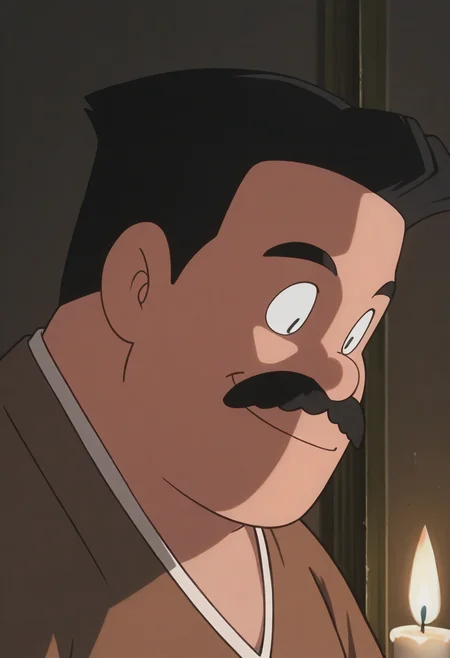 1boy, close-up, smile, indoors, looking down, manly, <lora:dark:1> candlelight, night,
BREAK
nobirunobi, old man, mustache, black eyes, black hair, retro artstyle, dot pupils, plump, 1990s \(style\),
BREAK
best quality, masterpiece, very aesthetic, absurdres, highest detailed, very awa,  <lora:Nobiru_Nobi_from_late_Doraemon_oyama_edition_v1.0:1>
