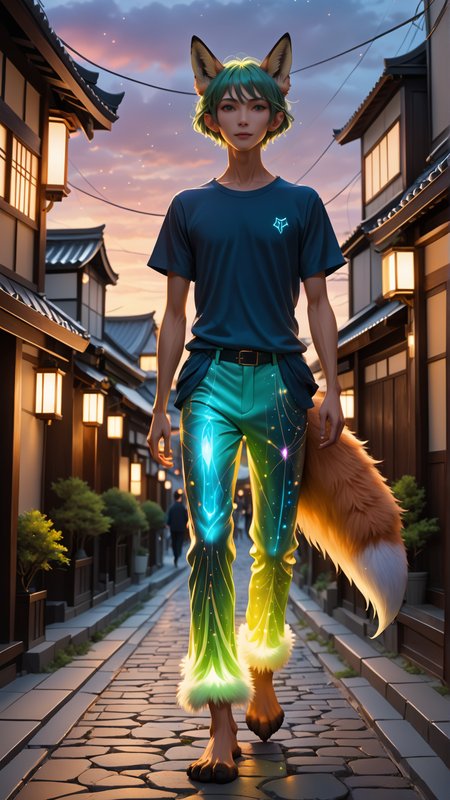 (front view:2), (detailed middle aged male gender character:2) wearing detailed (bioluminescent futuristic style pants:2), flowing olive hair and expressive eyes, (fox-like ears:2), (detailed fox one tail:2), (fox fur skin:2), (japanese skinny body shape:2). Walking through a very cozy furry town with pastel color palette, the charming street has cobblestone streets, and (dawn horizon:1.5). Magic sparkles float in the air, adding a subtle touch of fantasy, doortoinfinity <lora:d\EnvyZoomSliderXL01:-1.25> <lora:doortoinfinity:1> <lora:more_details:1.5> <lora:xl_bioluminescent_dress-1.0:1>