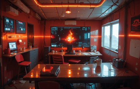 score_9, score_8_up, score_7_up, source_anime, wide angle room view, (dramatic Lighting, cinematic, neon lighting), large server room on fire, data center, computer on fire, red warning screen, flames,  1girl in jumpsuit sitting at a desk sipping coffee trying not to panic,  <lora:add-detail-xl:1> <lora:Niji-Mj_Almost_Realism:1> njmjzkz