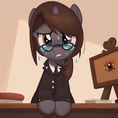 masterpiece, perfect detail, best high quality, source_pony, show accurate, cute, 1girl, solo, female, oc:sonata, glasses, attorney suit, badge on collar, pony, courtroom, defense stand, standing, standing behind desk, front hooves on desk, standing against desk, frown, scenic painting in background, nervous, sad, sweating, gritted teeth, beautiful, looking to side, score_9, score_8_up, score_7_up, score_6_up, score_5_up, score_4_up