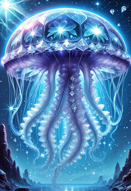 neno, translucent, lazympos, celestial jellyfish,gelatinous body refracting starlight,diamond tendrils drifting in cosmic oceans,alien ruins below,ethereal glow,otherworldly realism,diamondMW,countless diamonds