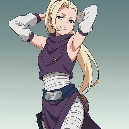 score_9,score_8_up,score_7_up,score_6_up, anime_screencap, <lora:Ino_Genin_Pony-000007:0.8>, inog, 1girl, solo, bandana around waist, pelvic curtain, long hair, ponytail,  blue eyes, blonde hair, earrings, bandaged waist,  detached sleeves, bandaged leg, purple crop top, sleeveless, thigh pouch, scarf, arms behind head, armpits, portrait, close up, half-closed eyes, smile,