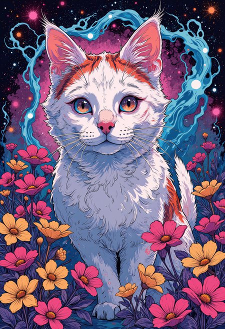 Psychedelic style, lofi portrait of white cat, fluffy, cute, adorable, comics, flowers, waves, portal, Vibrant colors, swirling patterns, abstract forms, surreal, trippy, dark elements, shades