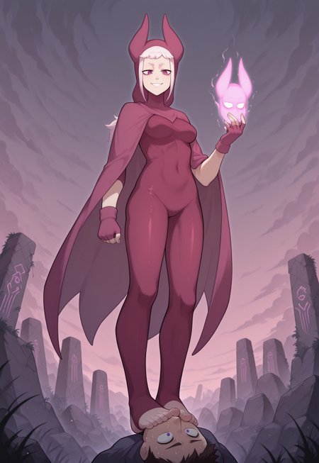 SFGFIL, foot in mouth, newest,, masterpiece, best quality, very aesthetic, HDR, ultra-detailed, anime, 748cmstyle, mythp0rt, femdom, hetero, forced, standing, from below, 
1girl, norawakfu, white hair, (hood), horns, purple eyes, ((mask)), cloak, bodysuit, (fingerless gloves), (toeless legwear), ((medium breasts)), ((ancient temple ruins floating in the sky, mystical energy cracks glowing blue, cloudy twilight sky, giant broken stone structures, hovering platforms, glowing glyphs, overgrown vegetation, otherworldly fantasy world, soft breeze, atmospheric lighting)),  smelly:1.9, sweaty:1.9, steamy feet:1.9, evil smug, skindentation, skinny, rock, sitting on the rock, 
1boy, lying, Foot Sucking