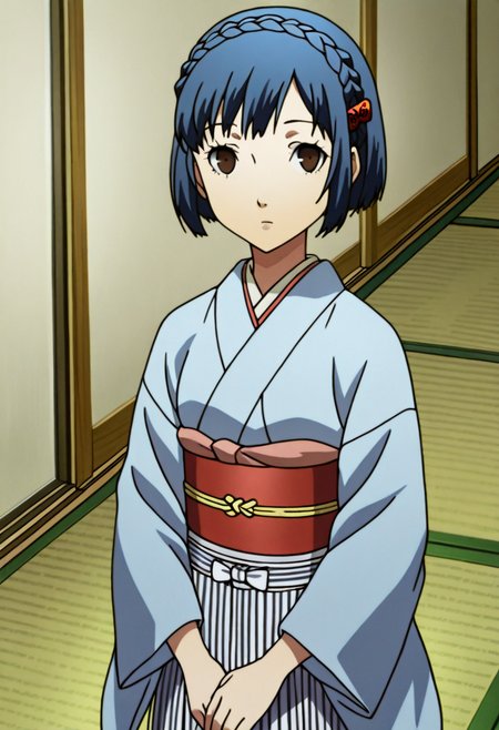 1 girl, solo, cute face,
p4aika, short hair, blue hair, hair ornament, crown braid,
japanese clothes, kimono, sash, obi, 
looking at viewer, expressionless, standing,
inside, tatami, 
masterpiece, best quality, ultra detailed,