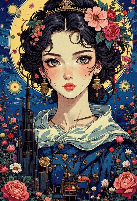 Hyperreal masterpiece blending vibrant colors and intricate details, inspired by Van Gogh, Craola, and Japanese art. A dreamlike, elegant portrait A digital artwork in the style of cknc,