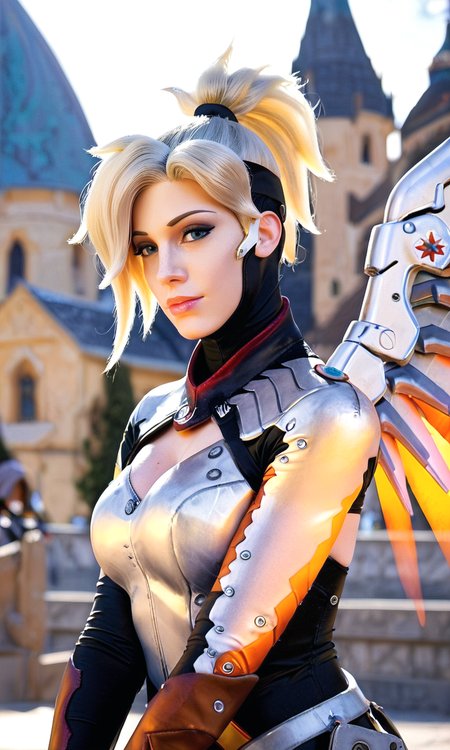 score_9, score_8_up, score_7_up, BREAK, zy_mercy, 1girl, blonde hair, costume, wings, high ponytail, palace, realistic, photo, real hair, detailed skin, highly detailed, detailed skin, depth of field, film grain, <lora:zy_Mercy_PonyRealism_v1:.7>