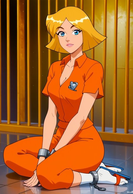 Score_9, score_8_up, score_7_up, anime style, ultra detailed, prison cell background, Excellent quality, high resolution, cowboy shot,, 1woman, solo, neutral expression, clover ts, blonde hair, medium hair, blue eyes, short sleeves, orange jumpsuit, thin orange pants, slight cleavage, tight clothes, in a prison courtyard, matted hair, orange flip flops, white socks, ankle cuffs, sitting on the floor,  Clinging on prison bars, holding onto prison bars, behind bars, amazing shading, closeup, looking at viewer