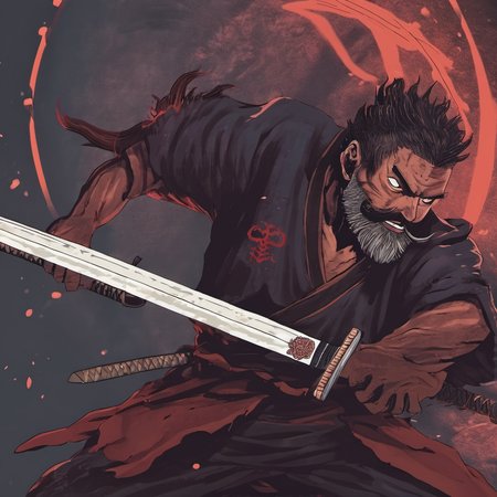 a character with a beard and a katana slicing through a demon  <lora:bc:1>