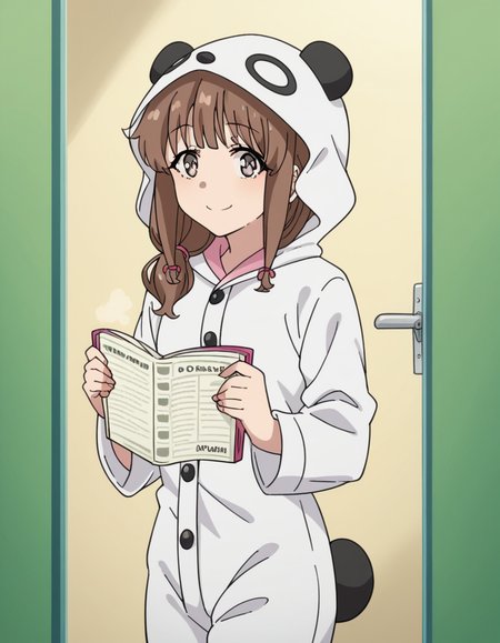 score_9, score_8_up, score_7_up, source_anime, <lora:kaede-azusagawa-s1-ponyxl-lora-nochekaiser:1>, kaede azusagawa, long hair, bangs, brown hair, brown eyes,, animal ears, tail, hood, pajamas, animal hood, animal costume, panda ears,, bookstore, browsing shelves, new book smell, finding a favorite, quiet atmosphere, smile, looking at viewer, solo,, cowboy shot, dutch angle