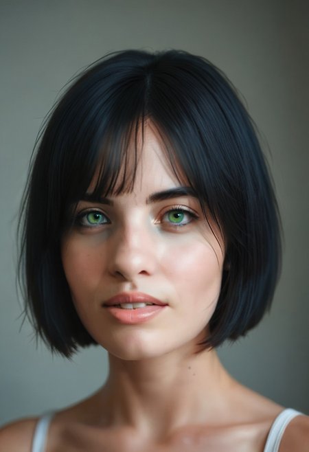 realistic, 42yo girl, short bob black hair, green eyes, UHD, photorealistic, best quality, masterpiece, 16K, cinematic