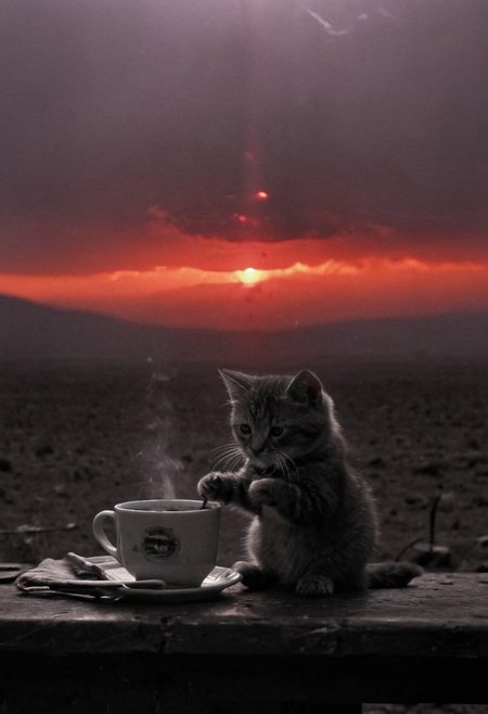 Red and Grey color graded glamour portrait photo of a (cute cat in a tiny suit sipping on a coffe mug). Table. Surreal, infront of a nuclear mushroom cloud in the far, skull shaped mushroom cloud. the end of humanity, perfect, almost ethereal, mysterious. Absurdres, 8K, UHD, many details, extreme detailed, full of details, Wide range of colors, HDR.. desert storm backdrop. throwing a translucent red/tanslucent purple/black, weapon, katana, holding katana, atmospheric haze, Film grain, cinematic film still, shallow depth of field, highly detailed, high budget, cinemascope, moody, epic, OverallDetail, gorgeous, 2000s vintage RAW photo, photorealistic, candid camera, color graded cinematic, eye catchlights, atmospheric lighting, skin pores, imperfections, natural, shallow dof,